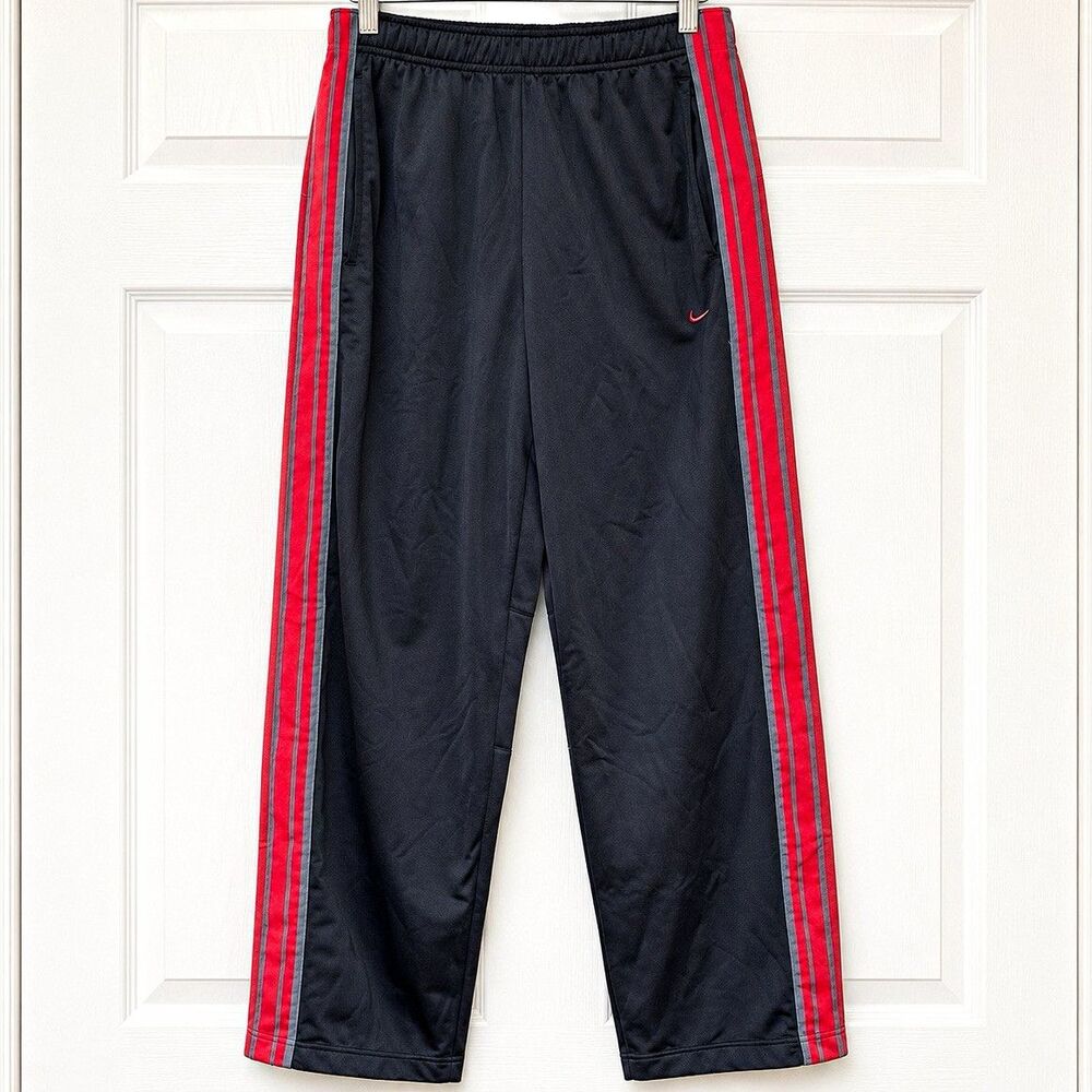 Nike Men’s Black Track Pants Size M 32x30 Pull On Pockets Red/Gray Stripe